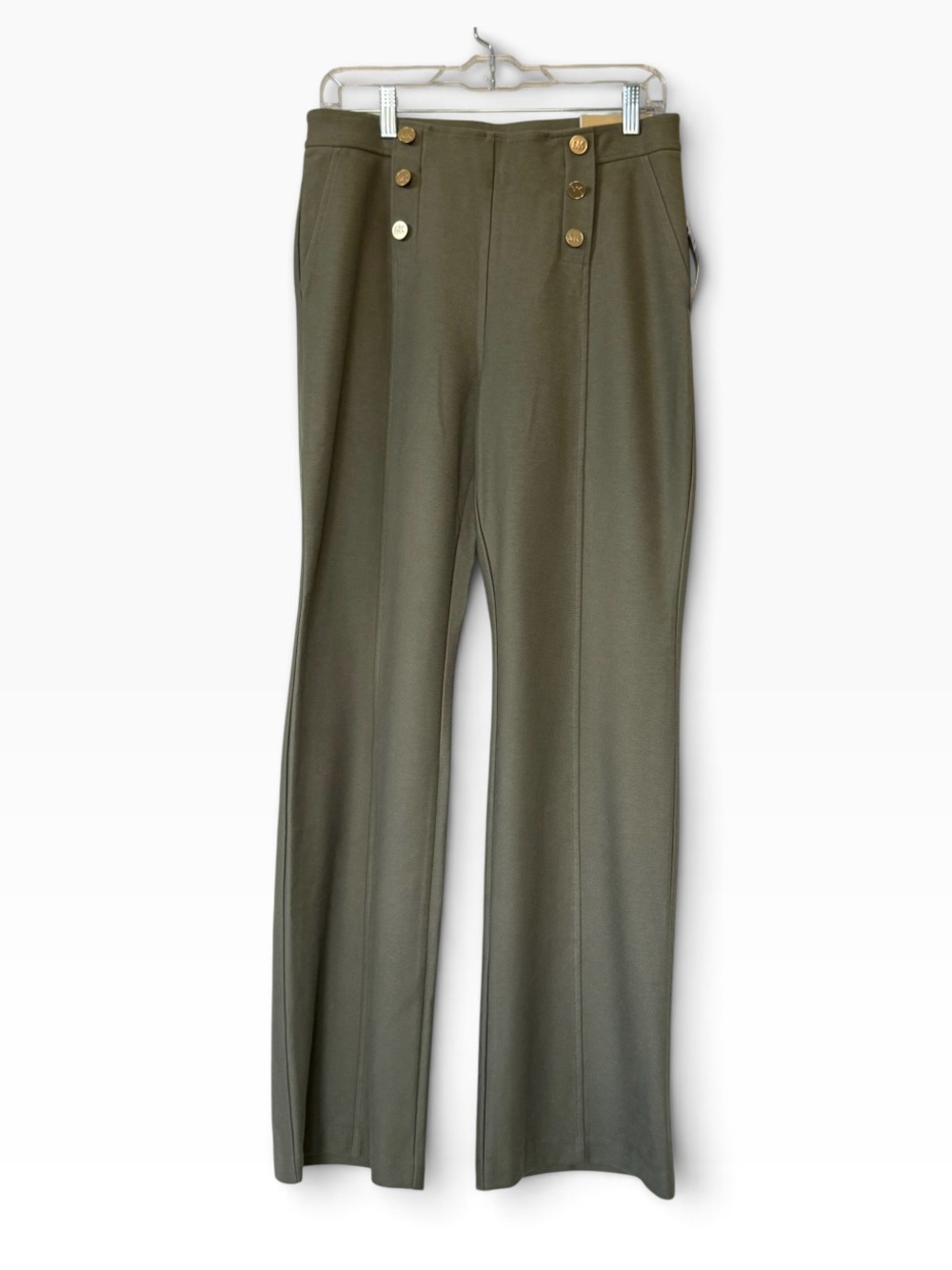 NWT MICHAEL Michael Kors Olive Green Wide-Leg Pants with Gold Buttons Sz M